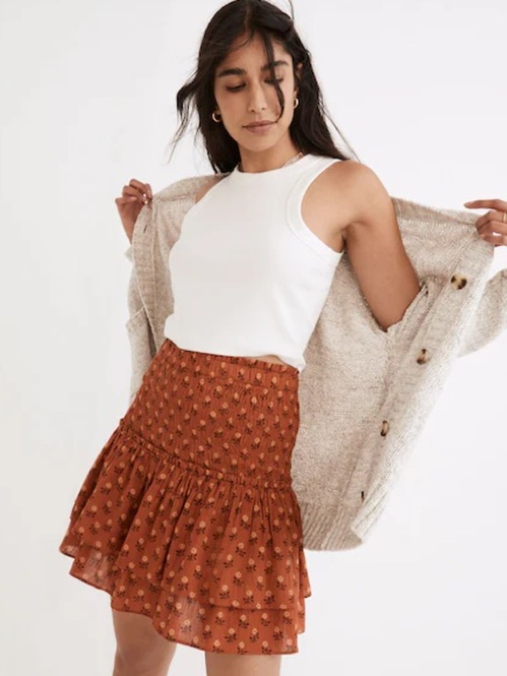 Madewell Smocked Pull-On Tiered Mini Skirt in Wild Calendula Block-Print Large